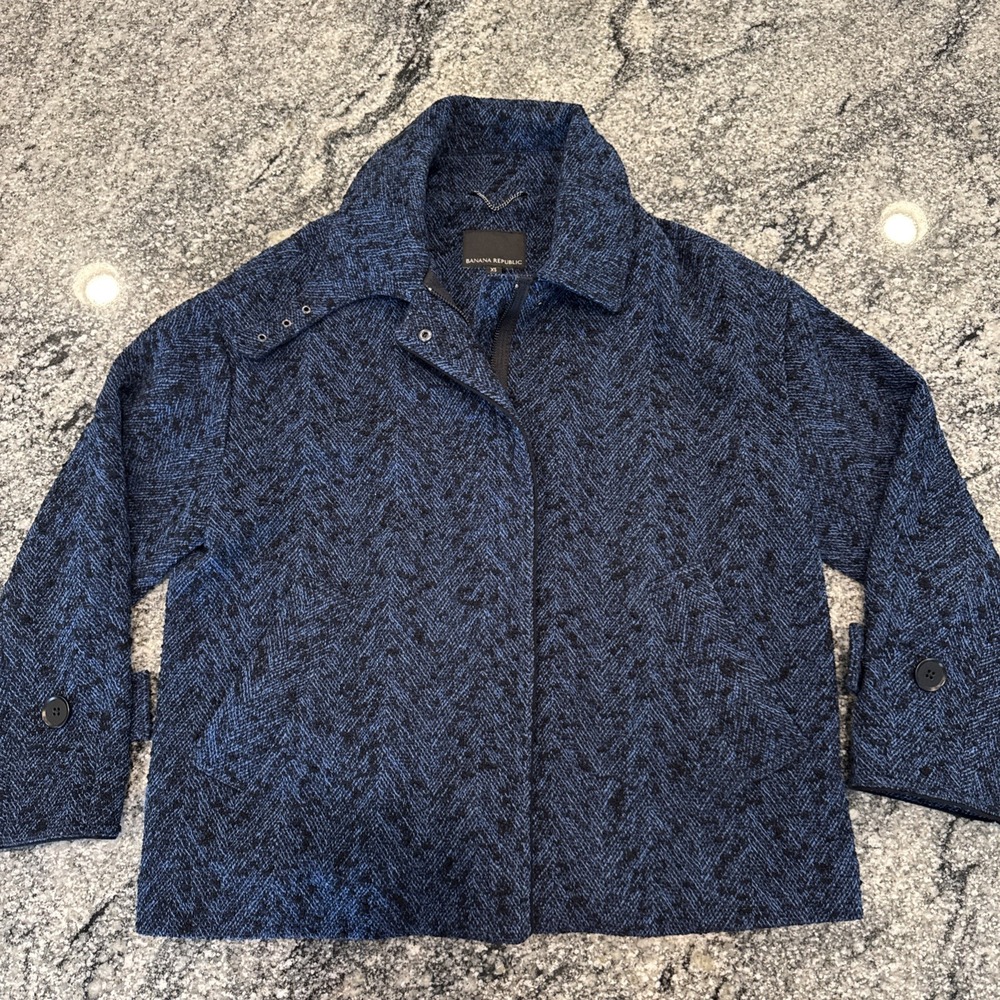 Banana Republic Balmacaan Tweed Jacket Oversized Blue Black Herringbone‎ Size XS